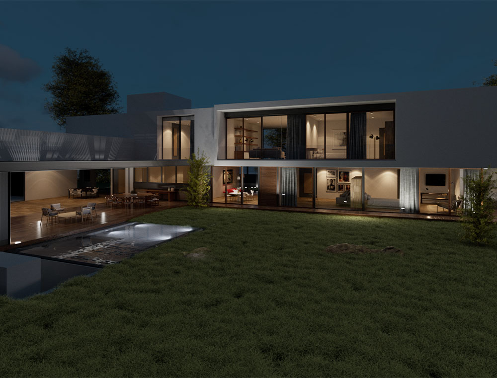 3D-Darstellung eines modernen Hauses bei Nacht.
