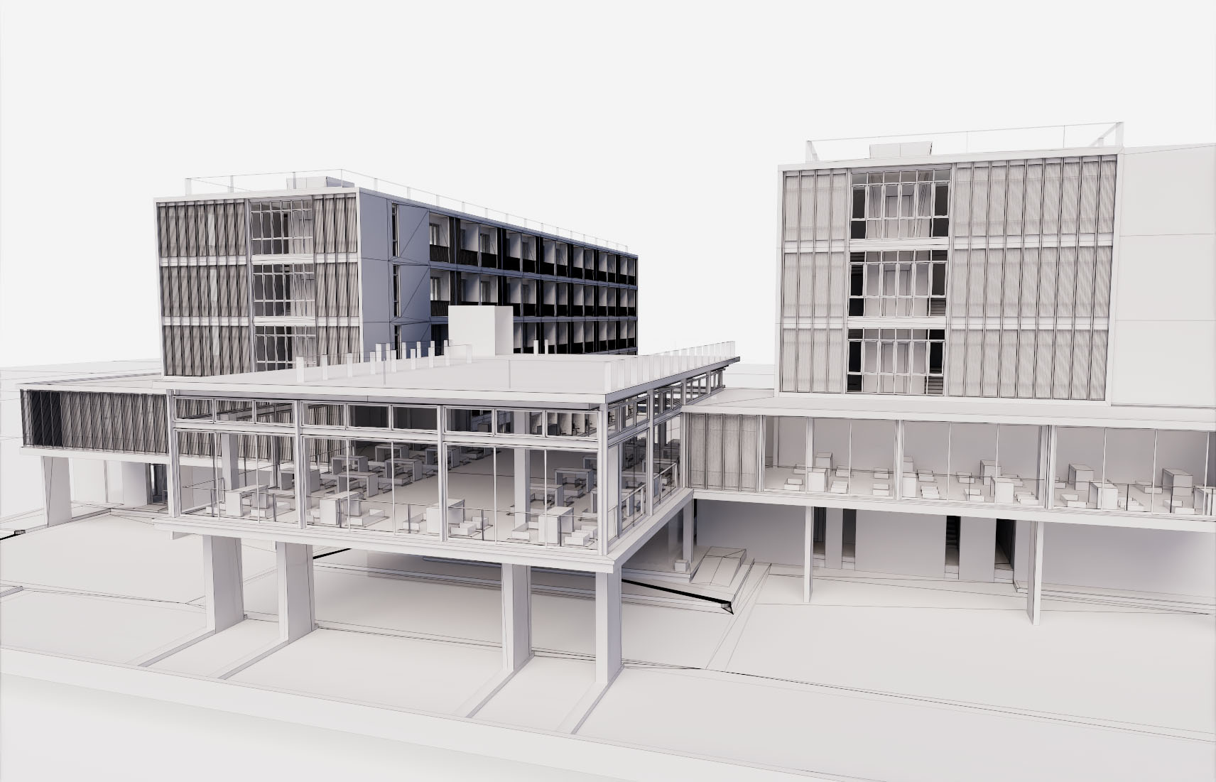 Ein 3D-Modell eines Gebäudes mit Balkonen.