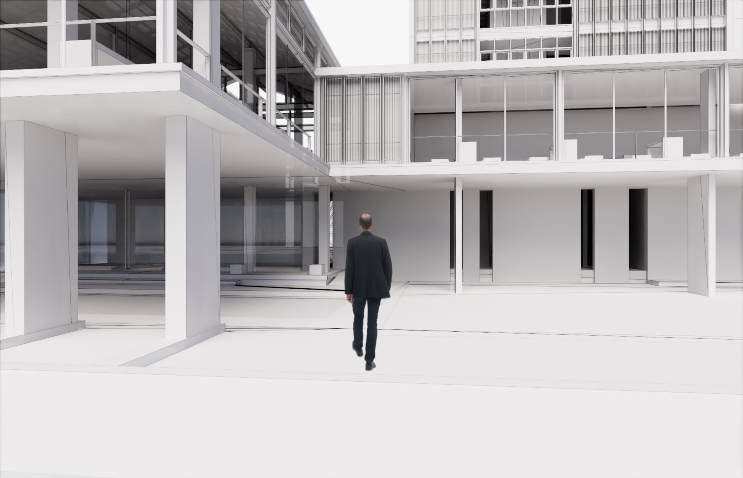 3D-Darstellung eines Mannes, der vor einem Gebäude geht.