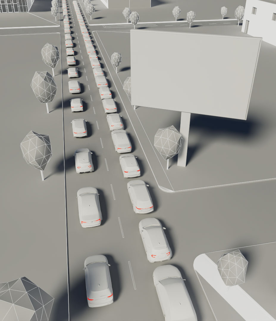 Ein 3D-Modell einer Stadt mit Autos und einer Werbetafel.